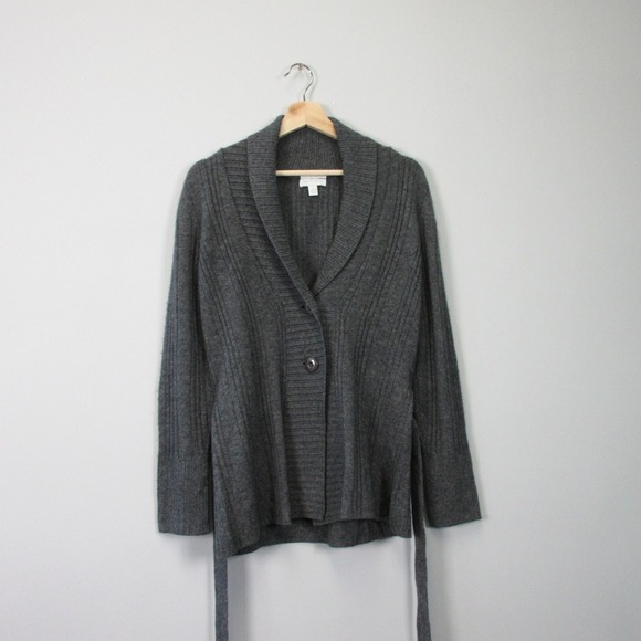 Charter Club 2 Ply 100% Cashmere Cardigan Women S Grey Belted Ribbed Knit  396 - Picture 1 of 7